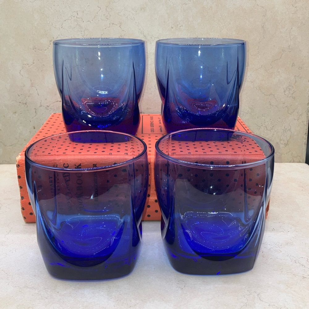 1980’s Libbey Cobalt Imperial Drape Low Ball Glasses Set of 4